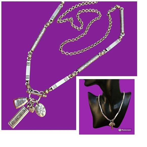 BRIGHTON 1990s Floral Bar Link Toggle Charm Long Sweater Necklace - Picture 1 of 8